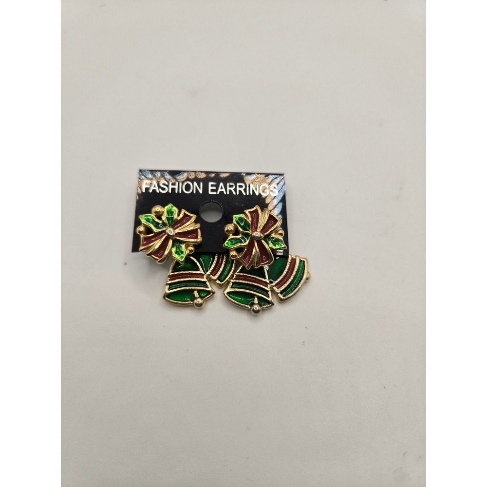 AIM Vintage Christmas Bell Earrings Gold Tone Red Green Enamel Holiday Jewelry